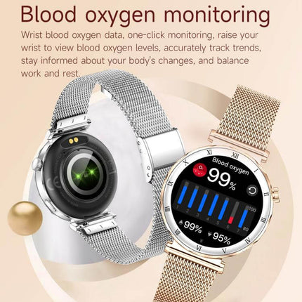 Two styles of QS22 Womens AMOLED Display Smart Sports Watch highlighting blood oxygen monitoring features.