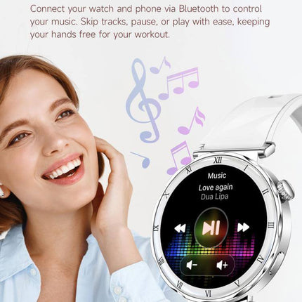 Woman enjoying music on QS22 Womens AMOLED Display Smart Sports Watch via Bluetooth control.