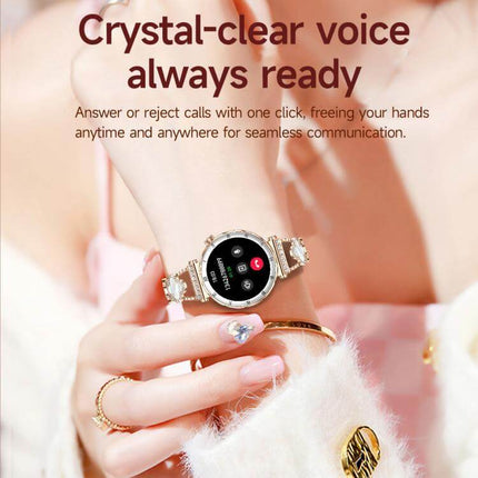 QS22 Womens AMOLED Display Smart Sports Watch displaying a crystal-clear voice feature for hands-free calls.