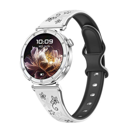 QS22 Womens AMOLED Display Smart Sports Watch with floral design and digital display showing time