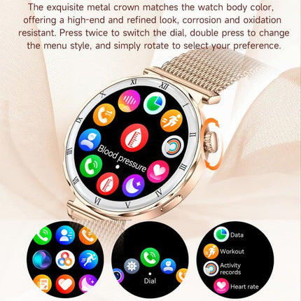 Close-up of QS22 Womens AMOLED Display Smart Sports Watch showcasing colorful app icons and metal crown design.