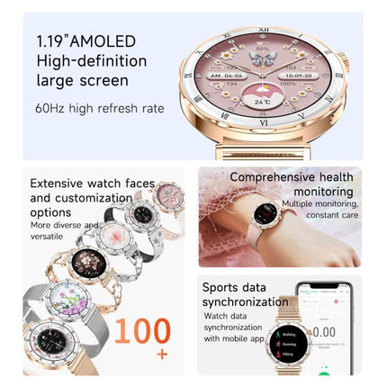 QS22 Womens AMOLED Display Smart Sports Watch features a 1.19'' AMOLED screen, health monitoring, and extensive customization options.
