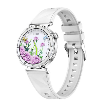 QS22 Womens AMOLED Display Smart Sports Watch featuring a floral design on the display with a white strap.