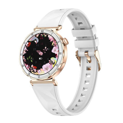 QS22 Womens AMOLED Display Smart Sports Watch with floral dial and white strap.