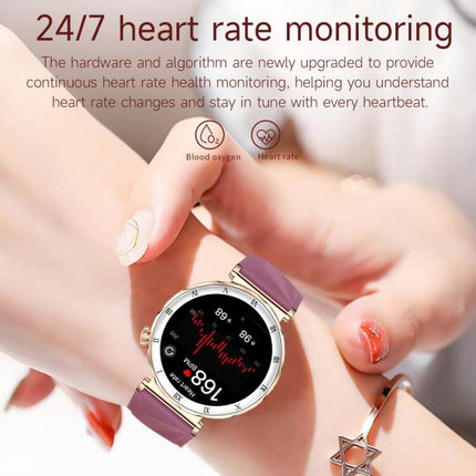 QS22 Womens AMOLED Display Smart Sports Watch showcasing 24/7 heart rate monitoring feature on a wrist.