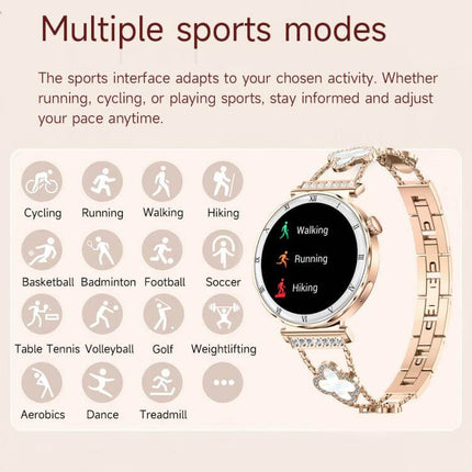 QS22 Womens AMOLED Display Smart Sports Watch showcasing multiple sports modes including cycling, running, walking, and hiking.
