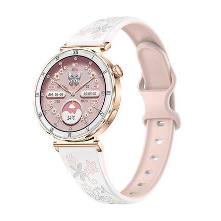 QS22 Womens AMOLED Display Smart Sports Watch with floral strap and colorful dial.