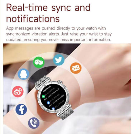 QS22 Womens AMOLED Display Smart Sports Watch showing real-time sync and notifications on the display.