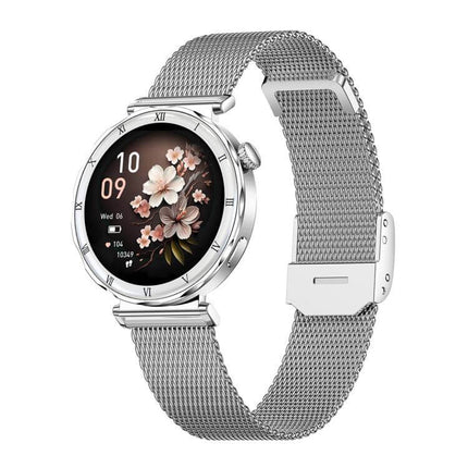 QS22 Womens AMOLED Display Smart Sports Watch in silver mesh with floral display, showcasing smart features and stylish design.