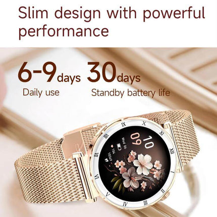 QS22 Womens AMOLED Display Smart Sports Watch showcasing slim design and powerful performance.
