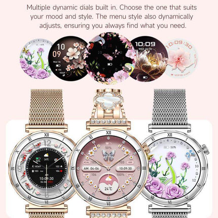 Multiple dynamic dials on QS22 Womens AMOLED Display Smart Sports Watch, showcasing customizable styles and features.
