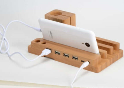 Natural Bamboo Charging Dock for iPhone and Apple Watch angled display