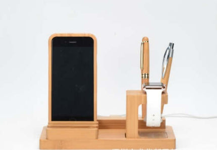 Natural Bamboo Charging Dock for iPhone and Apple Watch desk setup