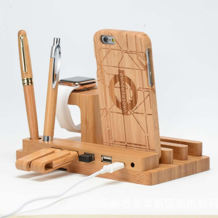Natural Bamboo Charging Dock for iPhone and Apple Watch USB ports detail