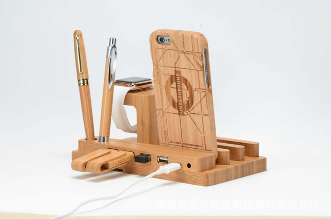 Natural Bamboo Charging Dock for iPhone and Apple Watch USB ports detail