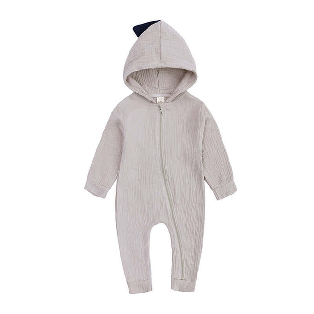 Rabbit Ears Baby Romper cotton blend hooded jumpsuit in light gray with zipper.