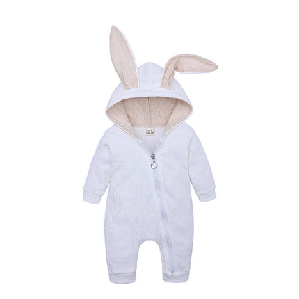 Rabbit Ears Baby Romper Cotton Blend Hooded Jumpsuit with bunny ears for infants.