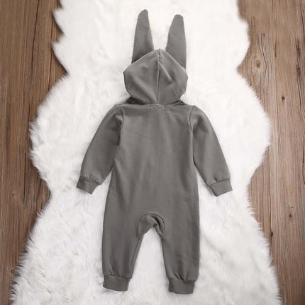 Back view of Rabbit Ears Baby Romper, a soft cotton blend hooded jumpsuit for infants.