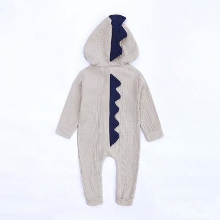 Rabbit Ears Baby Romper in beige with a hood and playful dinosaur design on the back.