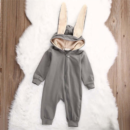 Rabbit Ears Baby Romper in gray with bunny ears hood, perfect cartoon-inspired jumpsuit for infants.