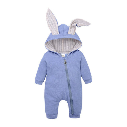 Rabbit Ears Baby Romper in blue with bunny ear hood and zipper, perfect for stylish infants.
