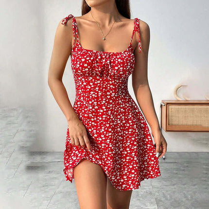 Floral Print Summer Sweet A Line Mini Dress in red with floral pattern and tie straps.