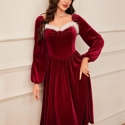 Red velvet square neck long sleeve maxi dress with fluffy neckline detail, stylish lantern sleeves, and flattering fit.