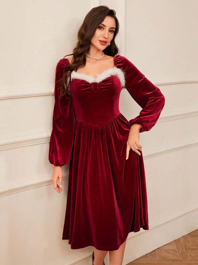 Red velvet square neck long sleeve maxi dress with fluffy neckline detail, stylish lantern sleeves, and flattering fit.