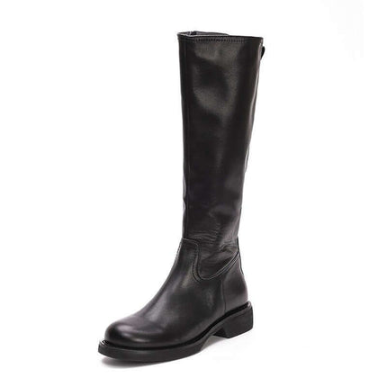 Retro British Style Genuine Leather Long Wedge Boots Durable Leather Construction