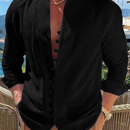 Retro Button Design Long Sleeved Shirt Mens Loose Top standing collar.