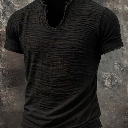Retro Cotton Linen T Shirt With Feathered Hem V Neck Tops on a textured background, featuring a distressed black design.