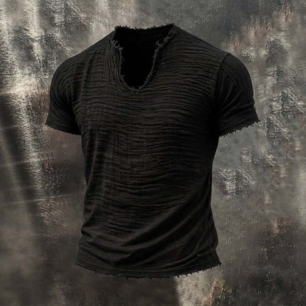 Retro Cotton Linen T Shirt With Feathered Hem V Neck Tops in black, featuring a unique ripped texture and V-neck design.
