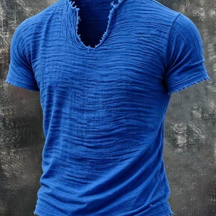 Retro Cotton Linen T Shirt With Feathered Hem V Neck Tops in blue with textured fabric and frayed edges.
