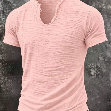 Retro Cotton Linen T Shirt With Feathered Hem V Neck Tops in soft pink color with a unique textured design.