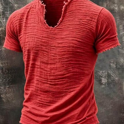 Retro Cotton Linen T Shirt With Feathered Hem V Neck Tops in red color with a distressed look.