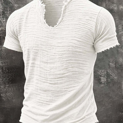 Retro Cotton Linen T Shirt With Feathered Hem V Neck Tops in white, featuring a stylish textured design.