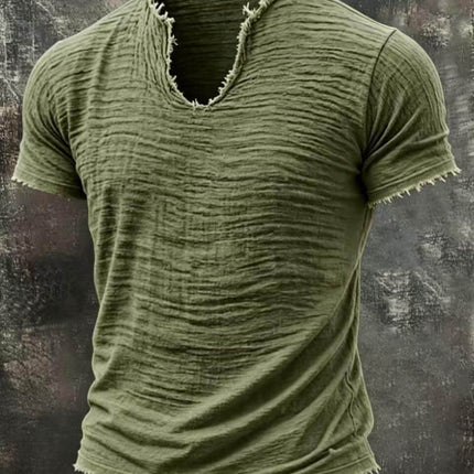 Retro Cotton Linen T Shirt With Feathered Hem V Neck Tops in olive green with a distressed look and feathered hem.