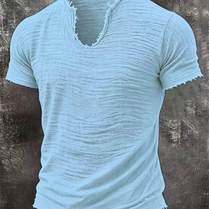 Retro Cotton Linen T Shirt With Feathered Hem V Neck Tops in light blue color with a textured design.