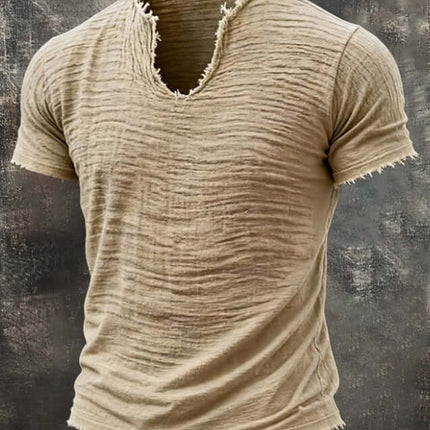 Retro Cotton Linen T Shirt With Feathered Hem V Neck Tops in beige, featuring a textured fabric and distressed detailing.