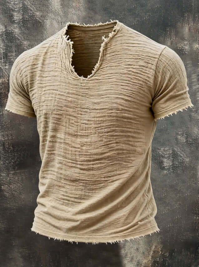 Retro Cotton Linen T Shirt With Feathered Hem V Neck Tops in beige, featuring a textured fabric and distressed detailing.