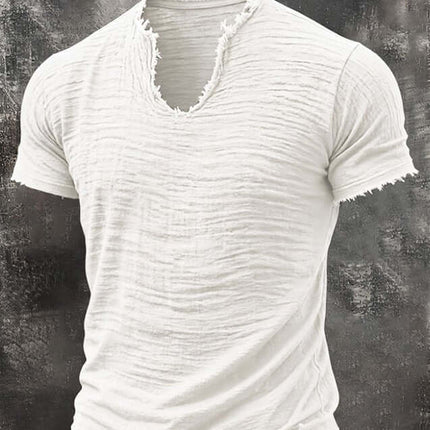 Retro Cotton Linen T Shirt With Feathered Hem V Neck Tops in textured white fabric