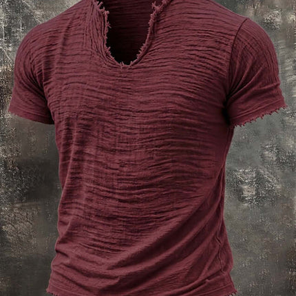 Retro Cotton Linen T Shirt With Feathered Hem V Neck Tops in deep maroon with textured fabric and distressed hem.