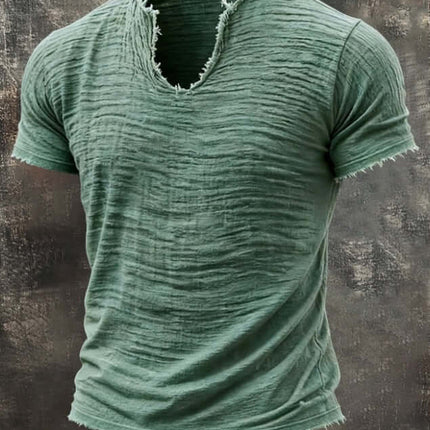 Retro Cotton Linen T Shirt With Feathered Hem V Neck Tops in green color, showcasing a stylish and textured design.