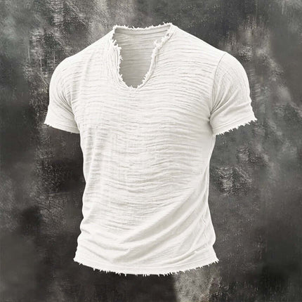 Retro Cotton Linen T Shirt With Feathered Hem V Neck Tops in white with textured design and frayed hem.