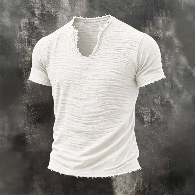 Retro Cotton Linen T Shirt With Feathered Hem V Neck Tops in white with textured design and frayed hem.