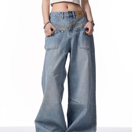 Retro Reverse-wear Washed Denim Jeans for Men in slim fit, showcasing stylish and relaxed fit with unique pockets.