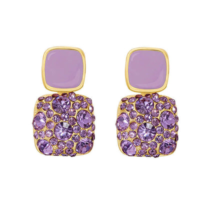 Rhinestone Cube Geometric Earrings Ins Fashion Jewelry in purple and gold design with sparkling stones.