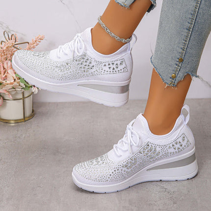 Rhinestone Wedge Sneakers black mesh breathable design.