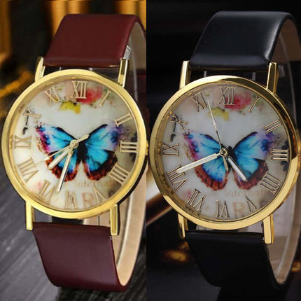 Roman Butterfly Leather Watch for Women Roman numeral dial