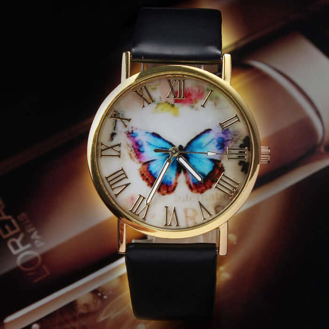 Roman Butterfly Leather Watch for Women butterfly detail close up
